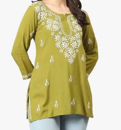 Lucknowi Chikankari Machine Embroidery Cotton Rayon Fabric Olive Green Short Kurti