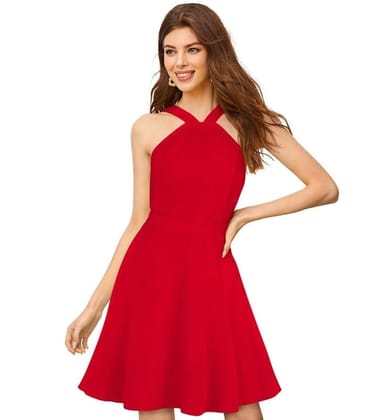 Women's Knitting Stretchable Solid Halter Neck Sleeveless Dresses (Red, L)-PID56803