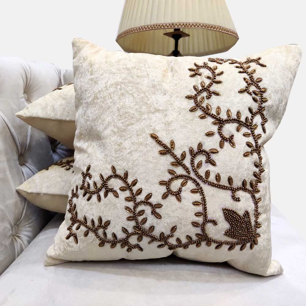 Suede White/ Cream Set of 3 Ethnic Beaded Embroidered Square Combo Cushion Covers for Sofa Home Bedroom (16x16 inch or 40 x 40 cm)