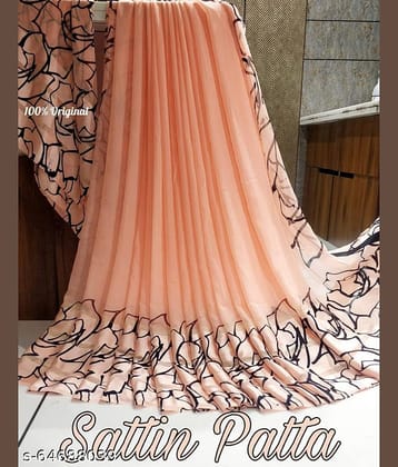 Sitanjali Satin Printed Saree With Unstitched Blouse Piece ( Peach )