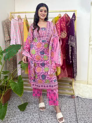 Pink Floral Printed Cotton Straight Fit Kurta Set-S
