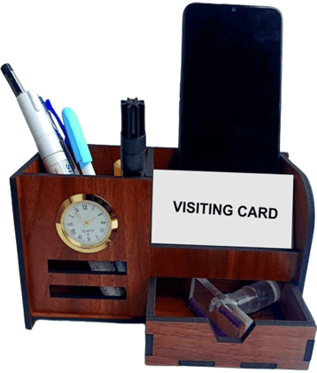 BIG BOSS ENTERPRISES Pen Stand With Watch And Drawer For Table Stylish | Wooden Pen Stand With Clock, Mobile and Visiting Card Holder for Office Desk and Study Table