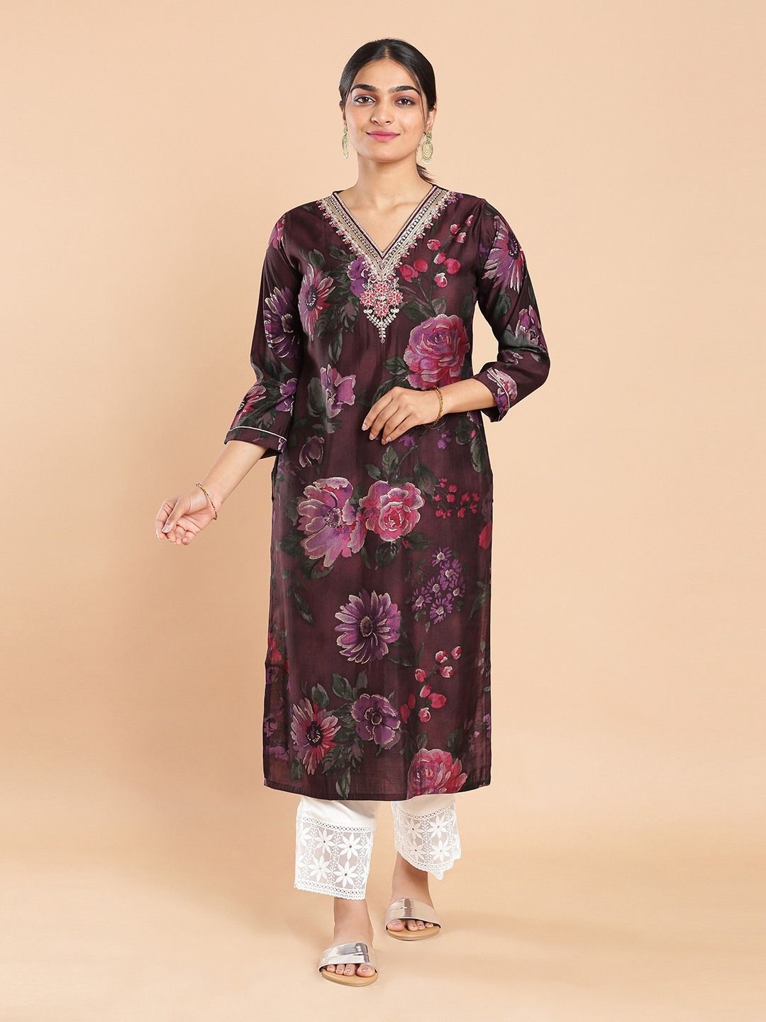 Kalyan Silks Floral Print Designed Dark Wine Kurti Top
