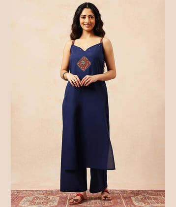 Vbuyz Women Cotton Solid A-line Kurti With Palazzo ( Blue )