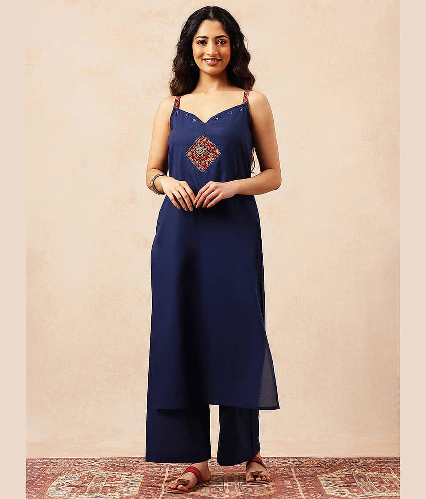Vbuyz Women Cotton Solid A-line Kurti With Palazzo ( Blue )