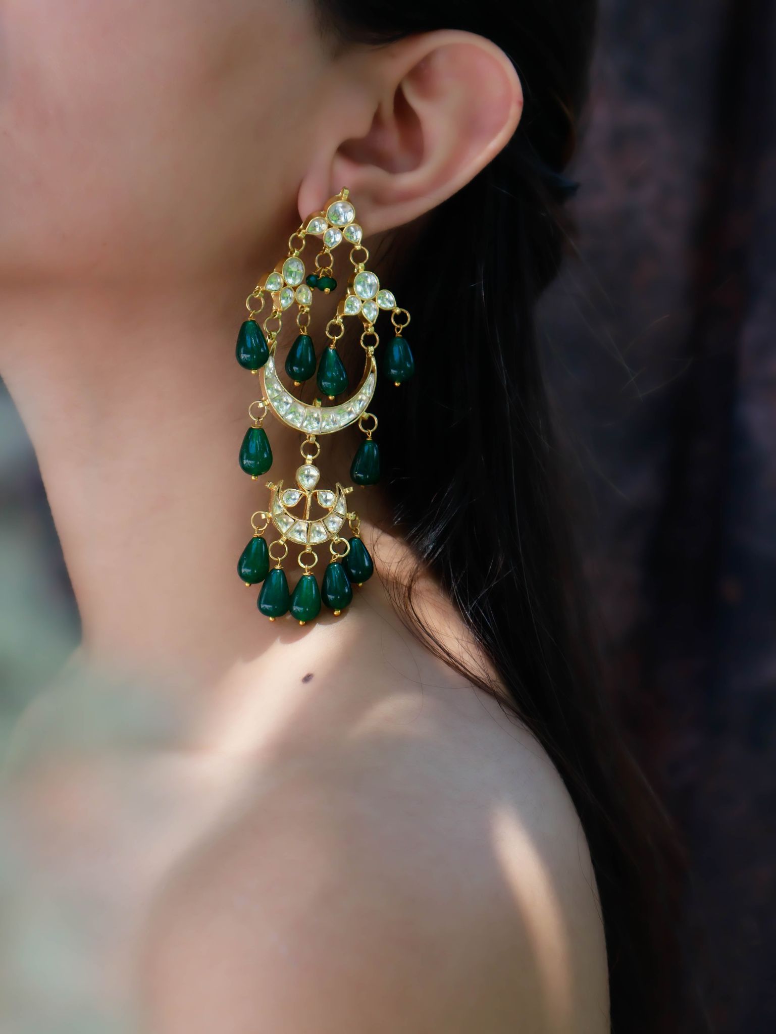 Hania Green Kundan Chandbali Earrings-Green