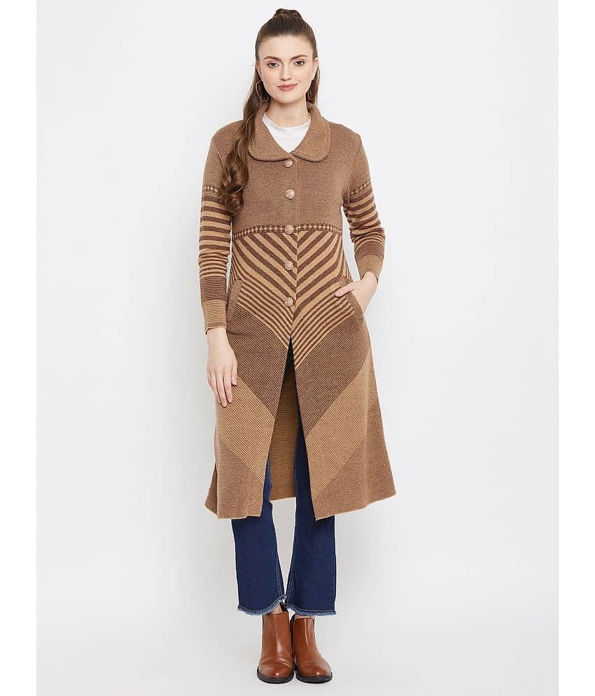 zigo Women Woollen Shirt Collar Cardigan ( Brown )