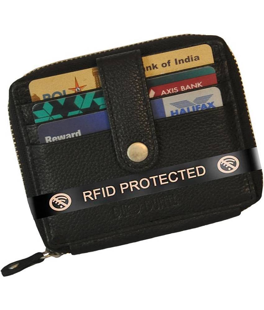 DUO DUFFEL RFID Protected Black Genuine Leather Card Holder Zipper Clouser