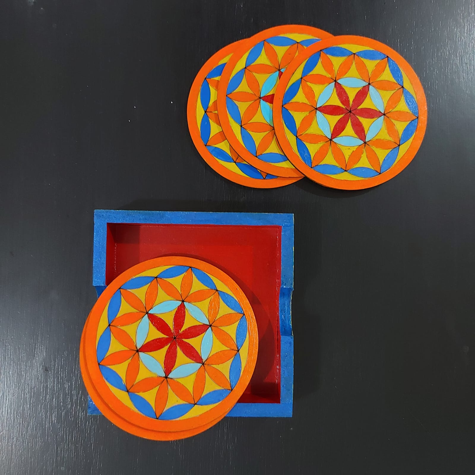 Kalakrishta Handpainted Circle of Life Coaster Set of 6 with Holder