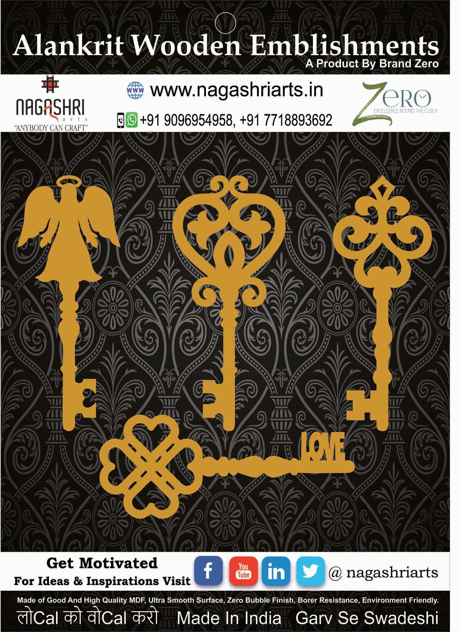 Brand Zero MDF Embellishment Vintage Keys Combo of 4 Pcs - 2 Inches Height & 2.5mm Thickness