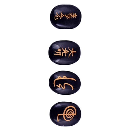 Set of 4 Usui Reiki Symbol Engraved, Black Tourmaline Stone, Oval Shape Usui Reiki Symbol, Reiki Set, Palm Stone, 4 Pcs with Wooden Box_0075(KI_75)  by Krishna Impex