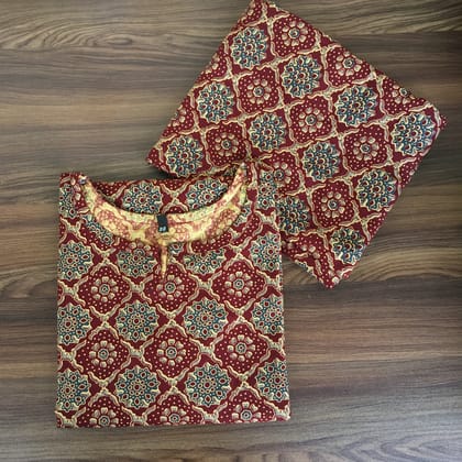 Ajrakh Maroon Grey Flower - Cord Set - Pure Cotton-44 - XXL