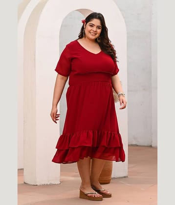 PrettyPlus by Desinoor.com Georgette Solid Midi Women's Fit & Flare Dress - Maroon ( Pack of 1 )