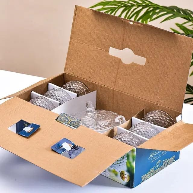 Crystal Glass Bowl Set of 7 pcs with 1 Large Bowl & 6 Small Bowls for Serving Snacks, Pudding, Dessert, Fruits and Kitchen Purpose (Fish Design)