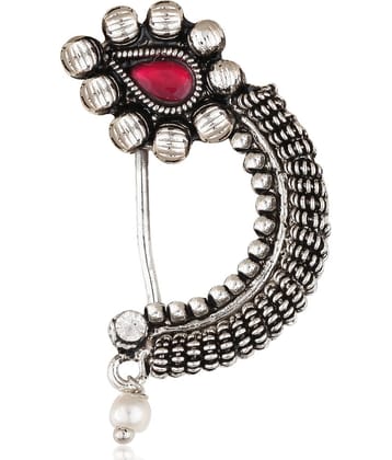 Vighnaharta Silver Plated with Peals Alloy and CZ stone Non Piercing Maharashtrian Nath Nathiya./ Nose Pin for women  [VFJ1074NTH-Press ]