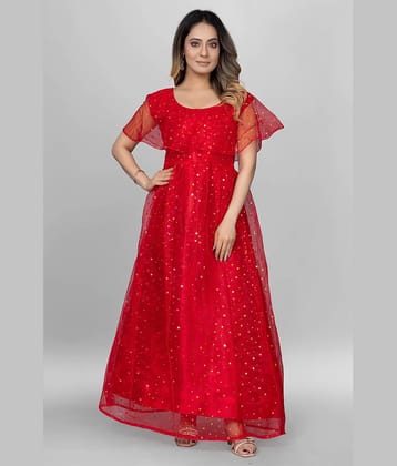 Aika Women Net Flared Stitched Ethnic Gown ( Red )