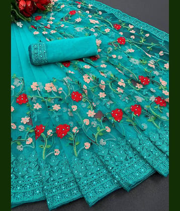 A TO Z CART Net Embroidered Regular Saree With Unstitched Blouse Piece ( Purple )