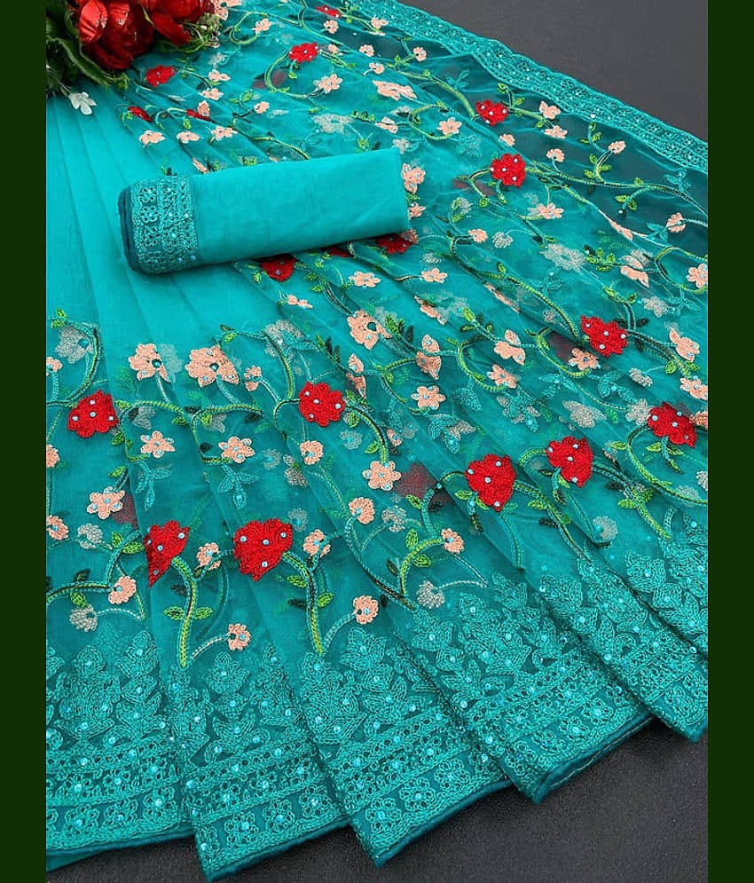 A TO Z CART Net Embroidered Regular Saree With Unstitched Blouse Piece ( Purple )