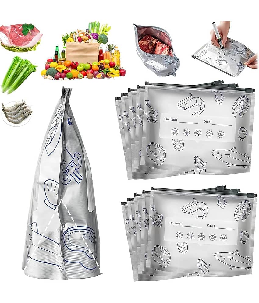 RAVISTRA  Reusable Aluminum Foil Zip Lock Food Storage Bags(10 Pcs, 3 Sizes) | Leakproof Freezer Safe Foil Pouch for Meat, Vegetables, Snacks & Food Storage | Writable & Resealable Fresh-Keeping Bags
