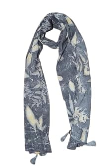 TULIP Traditional Artisians' Upliftment Livelihood Program Handcrafted Botanical Print Cotton Stole, Black and Beige, Leaf Pattern