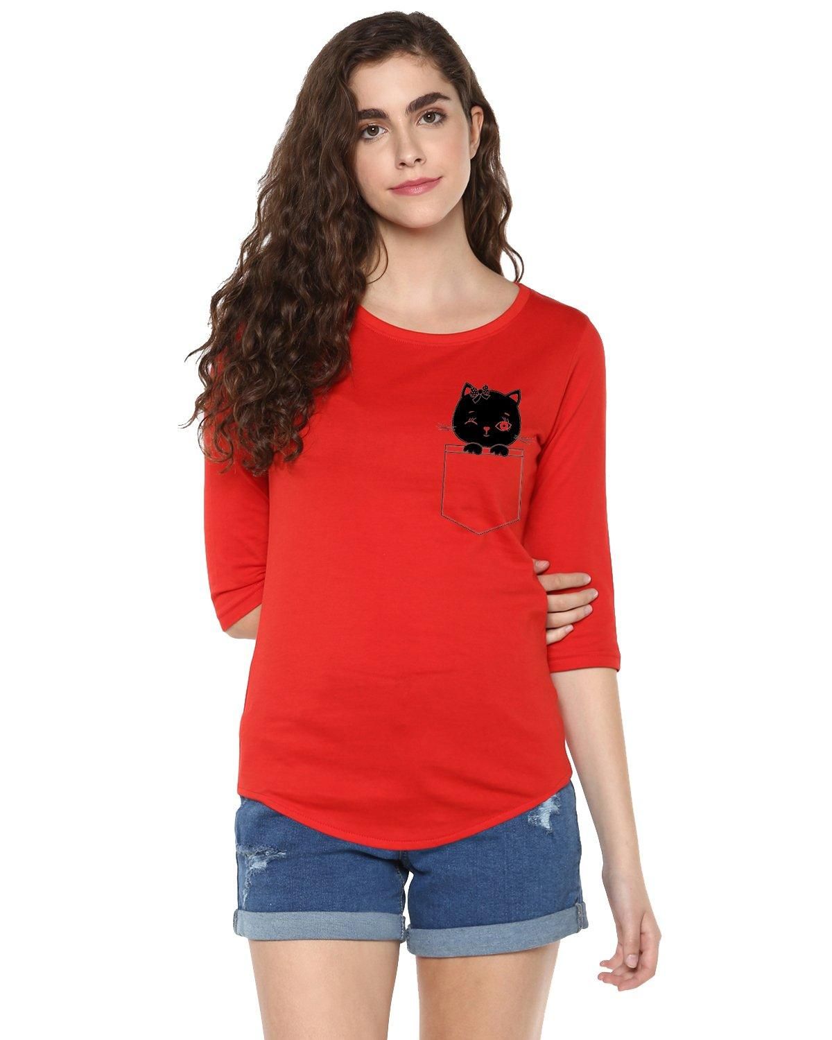 Womens 34U  Cat Printed Blue  Red Color Tshirts-Red / Small / 100% Bio Wash Cotton