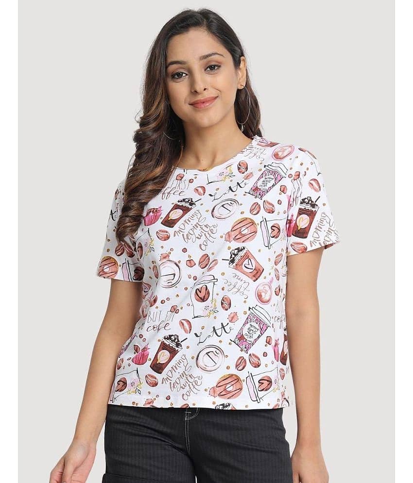 JUNEBERRY Women Cotton Printed Regular Fit Round Neck T-Shirt ( White )