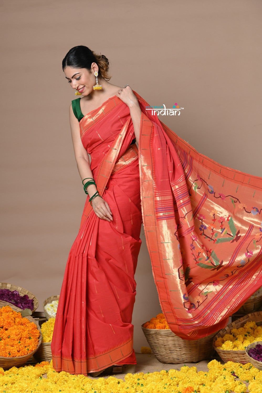 Rajsi~ Handloom Pure Cotton Muniya Border Saree WIth Handcrafted Pallu in Red