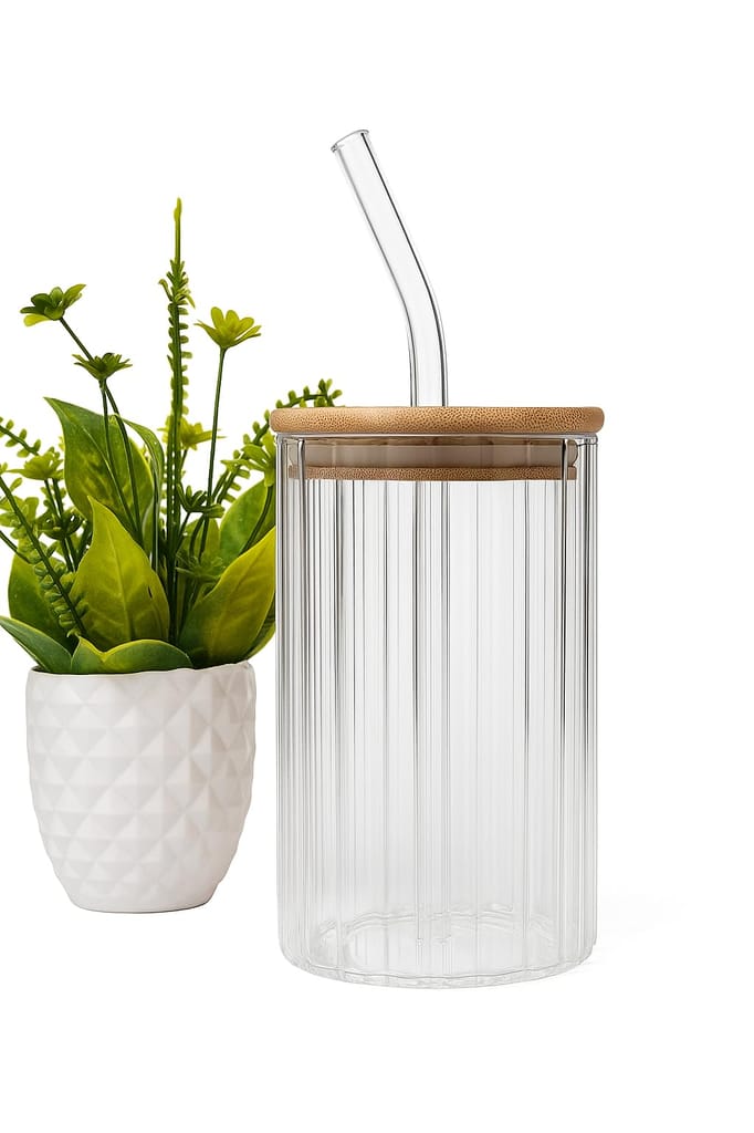 Cola Can Tumbler Glass Ribbed Borosilicate Glass with Wooden Lid & Straw � Reusable Cup for Coffee, Juice, Smoothies (510ml)