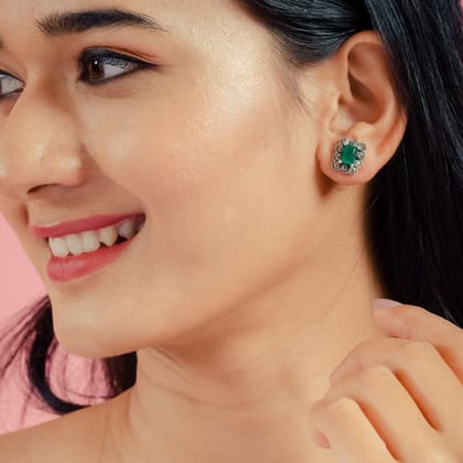 Rectangular Frilly Sterling Silver Studs for Mom - Green