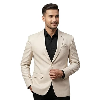 Men's Beige Slim Fit Blazer, Single-Breasted Two-Button, Notch Lapel, Micro Check Textured Woven, Polyester Viscose