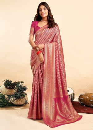 Generic Women's Jacquard Printed Saree with Unstitched Blouse Piece, Soft Lightweight 5.5 m Sari for Daily, Office and Wear (Pink, Design 67651)