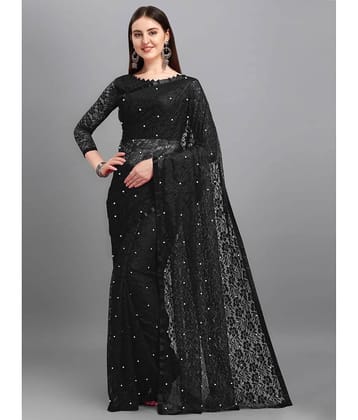 Indy Bliss Net Self Design Saree With Unstitched Blouse Piece ( Navy Blue )