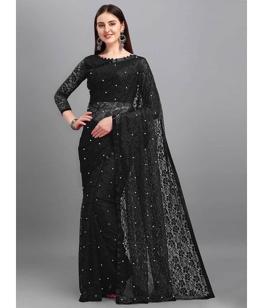 Indy Bliss Net Self Design Saree With Unstitched Blouse Piece ( Navy Blue )