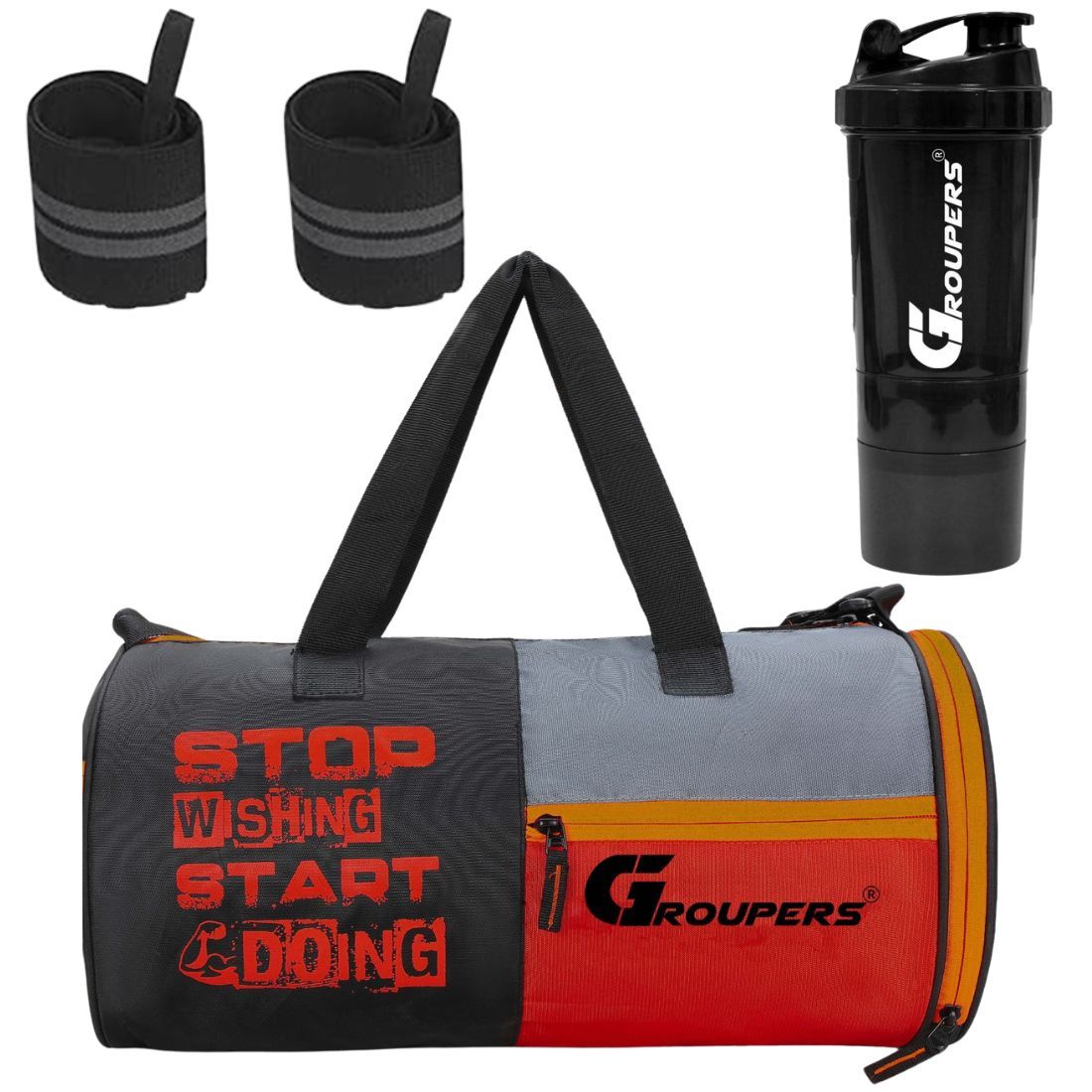 GROUPERS SWSD Duffel Bag l Gym Bags lWrist Band Support l Gym Shaker Bottle- 700 ML (Black)