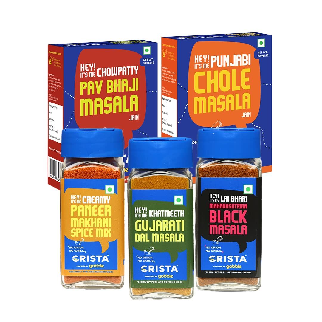 CRISTA Flavours of India - Spices Combo (Jain Pav Bhaji Masala 100 gm, Jain Chole Masala 100 gm, Maharashtrian Masala 50 gm, Paneer Makhani Gravy Spice Mix, 50 gm & Gujarati Dal 50 gm - Pack of 5