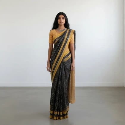 Charcoal Grey Pochampally Mercerized Cotton Saree, Temple Border