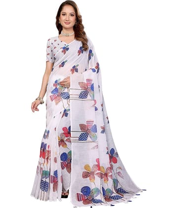 Kashvi Sarees Cotton Printed Kasavu Saree With Unstitched Blouse Piece ( White )