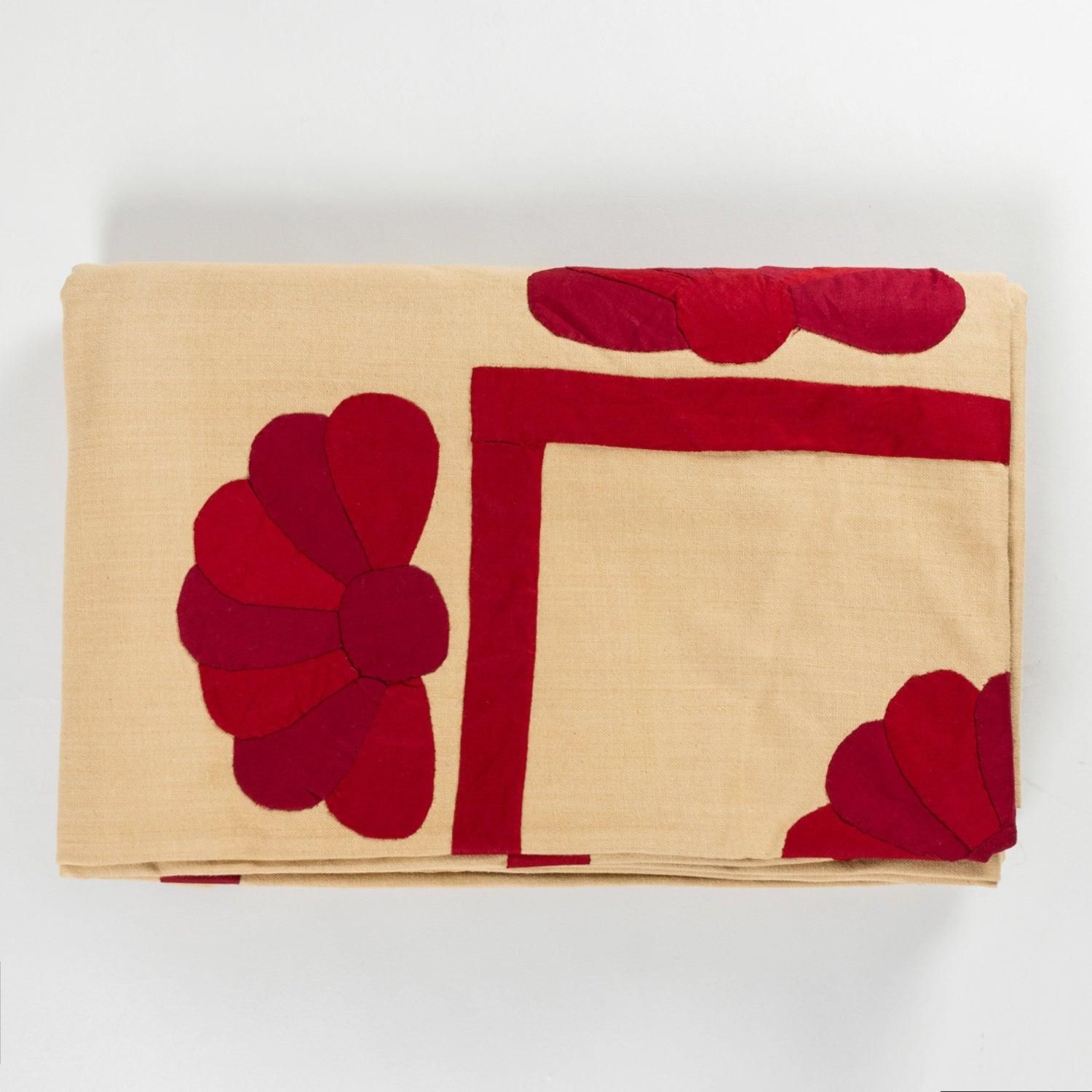 Applique Bed Cover Beige with Maroon - 90x108-90x108 / Beige / Maroon / 100% Cotton