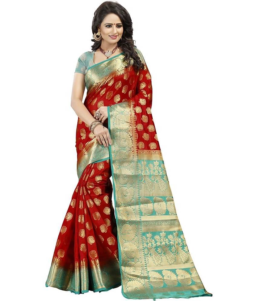 fab woven Silk Blend Self Design Saree With Unstitched Blouse Piece ( Red )