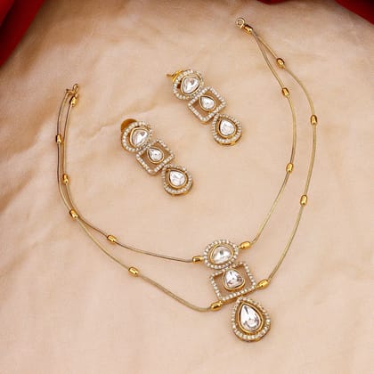 Gold-Plated Necklace & Earring Set with Polki White Stones - Elegant Bridal Jewelry Collection