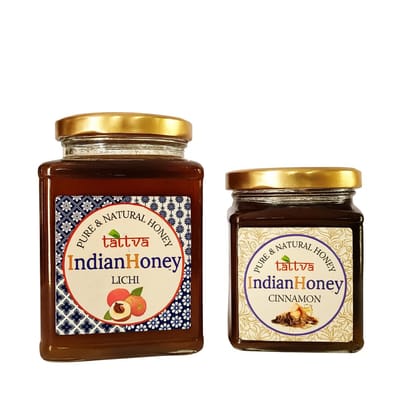 IndianHoney Buttery & Cognitive-Boosting Litchi Honey & Metabolic & Warming Cinnamon Infused Honey Combo Pack (500gm & 230gm) Litchi & Cinnamon