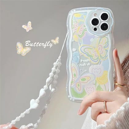 Colorful Butterfly Crystal Lanyard Charm Transparent iPhone Soft Case-iPhone 12 Pro