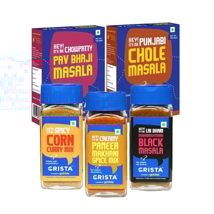 CRISTA Flavours of India - Gourmet Indian Spice Blends Combo (Pav Bhaji Masala 100 gm, Chole Masala 100 gm, Maharashtrian Masala 50 gm, Makhani Gravy Spice Mix 50 gm & Corn Curry Mix 45 gm - Pack of 5