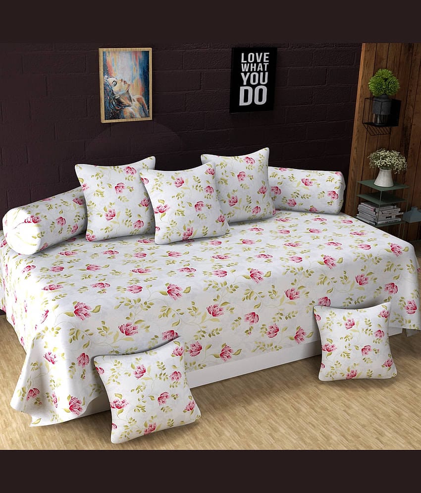 Homefab India Microfibre Floral Diwan Set 8 Pcs - Pink