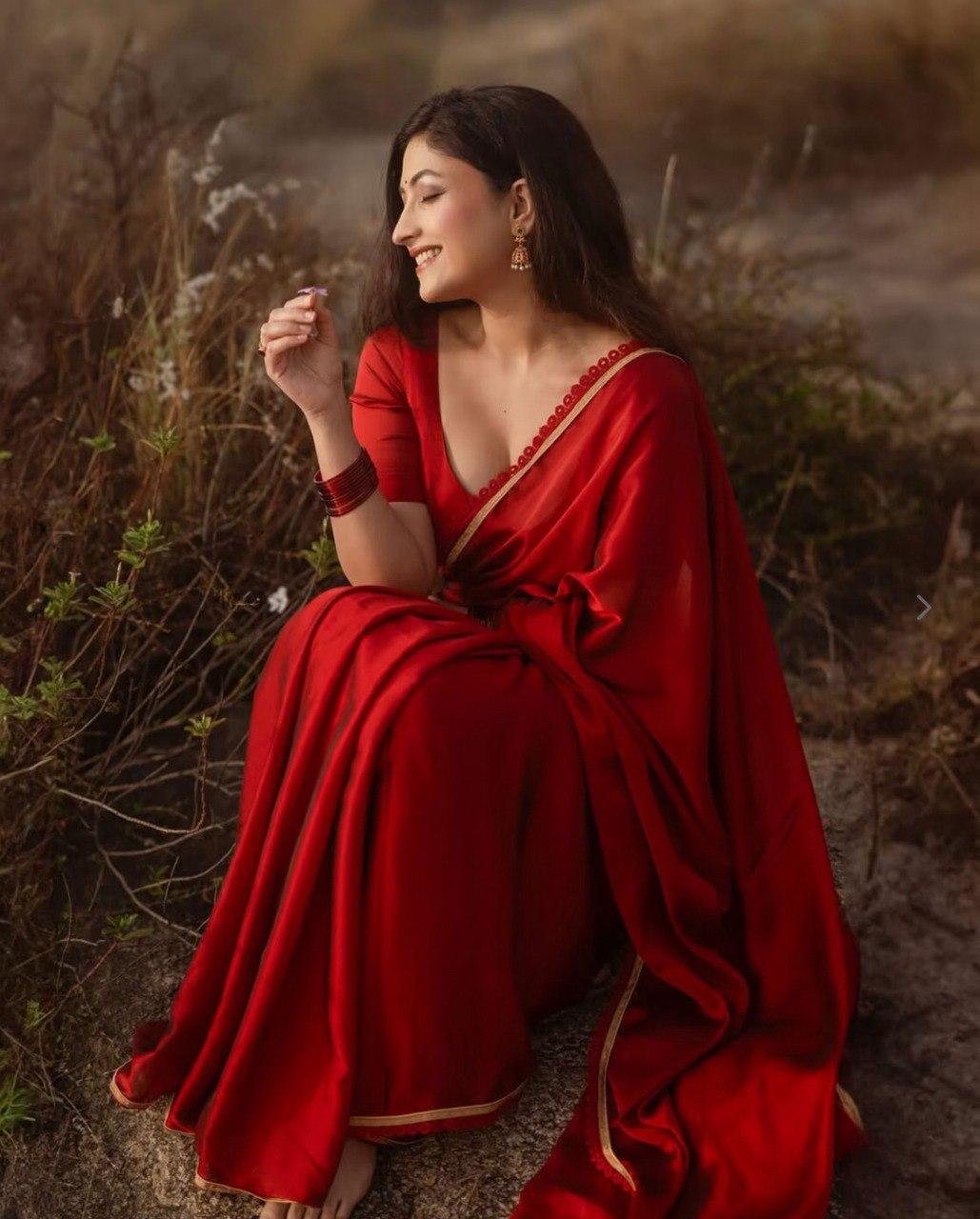 Red Georgette Saree with Lace Border DNo 211
