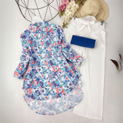 Multicolor Flower and Floral Design Tunic Top with Palazzo by GlamaStitch-M / SkyBlue