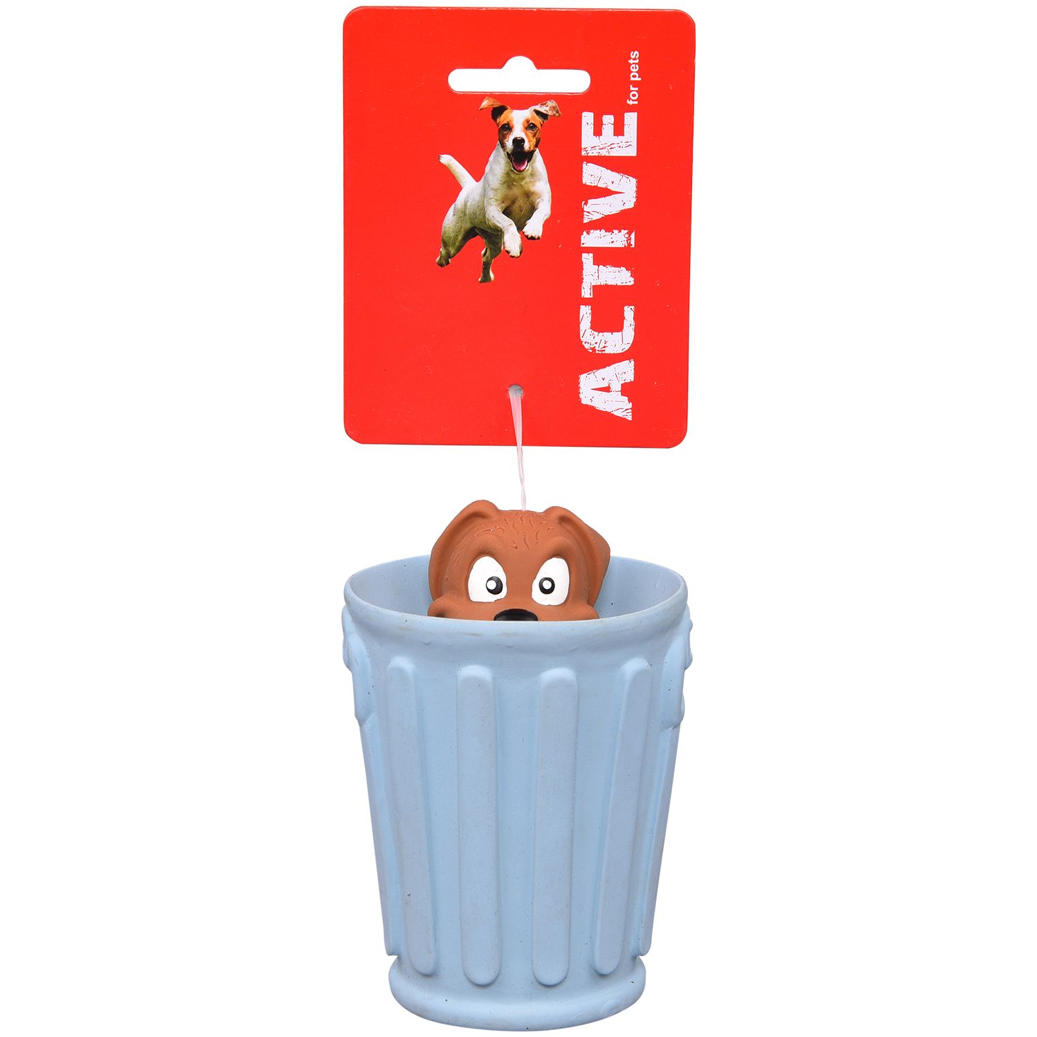 Active Latex Squeaky Pup Up Dog In Rubish Bin 11.7cm