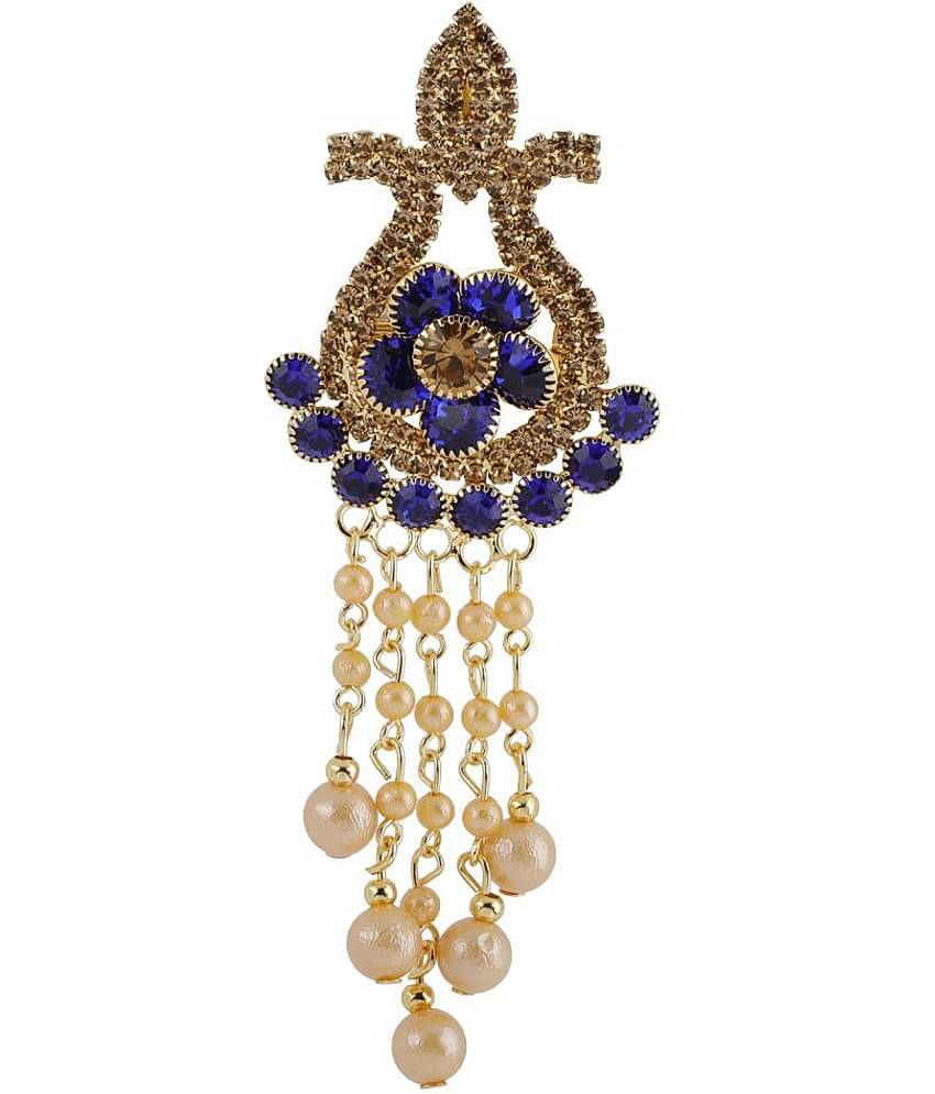 SILVER SHINE  Traditional Gold Plated Antique Royal Blue Colour Diamond Studded Pearl Drop Designer Wedding Brooch For Unisex Jewellery