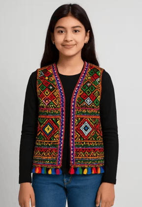 Girl's Kutchi Mirror Work Ethnic Waist Coat  Traditional Embroidered Koti for Navratri/Rajasthani Festivals (Multicolour)