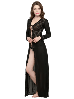 Women Deep Neck Black Lace Bridal Nightwear with G-String/Black Lace Long Gown for Women – Sexy Sheer Nightwear | Premium Lingerie